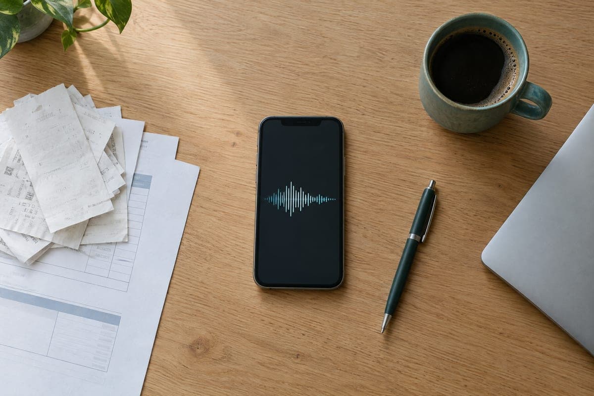 A phone showing a sound wave on a desk next to receipts, a laptop and a cup of coffee