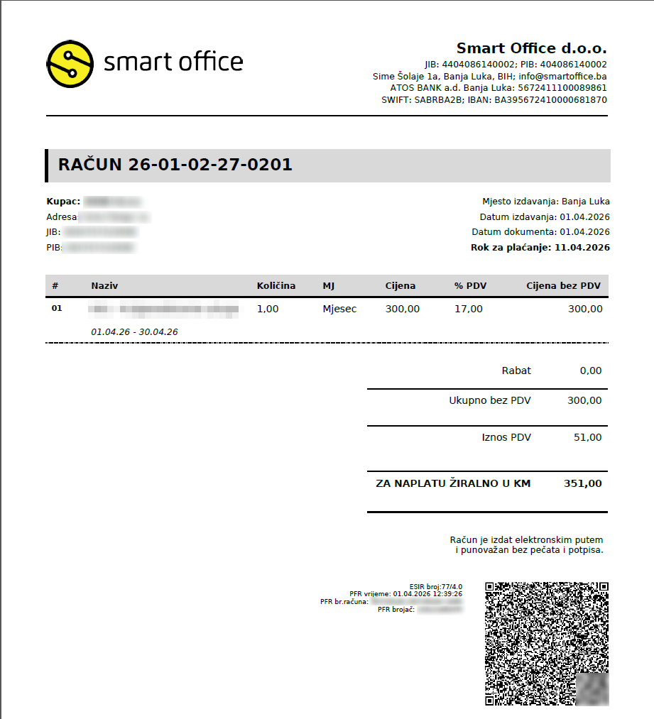 Faktura ispisana po Word šablonu, sa memorandumom firme i fiskalnim QR kodom