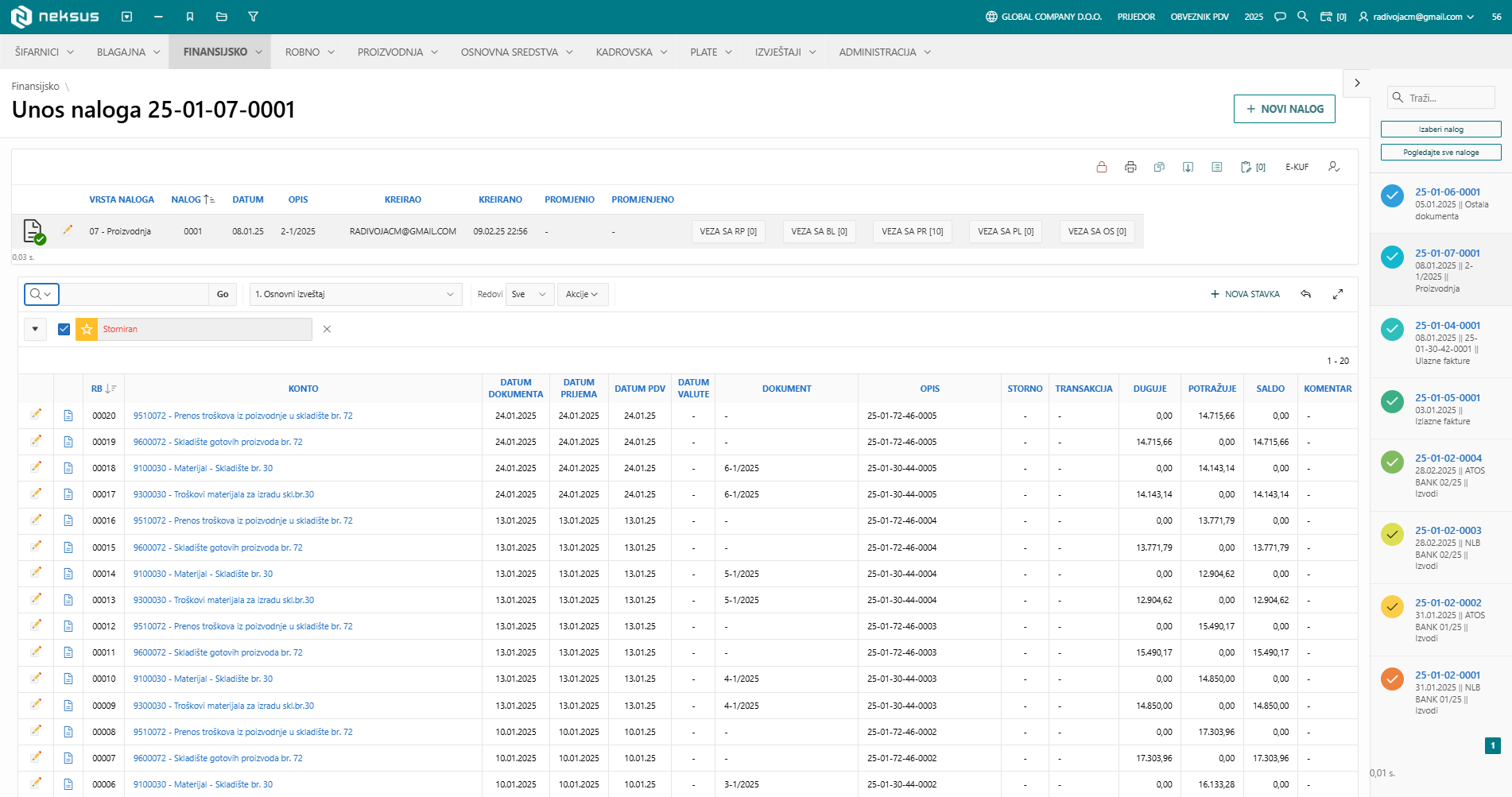Neksus ERP — general ledger entry screen with accounts, VAT dates and balances
