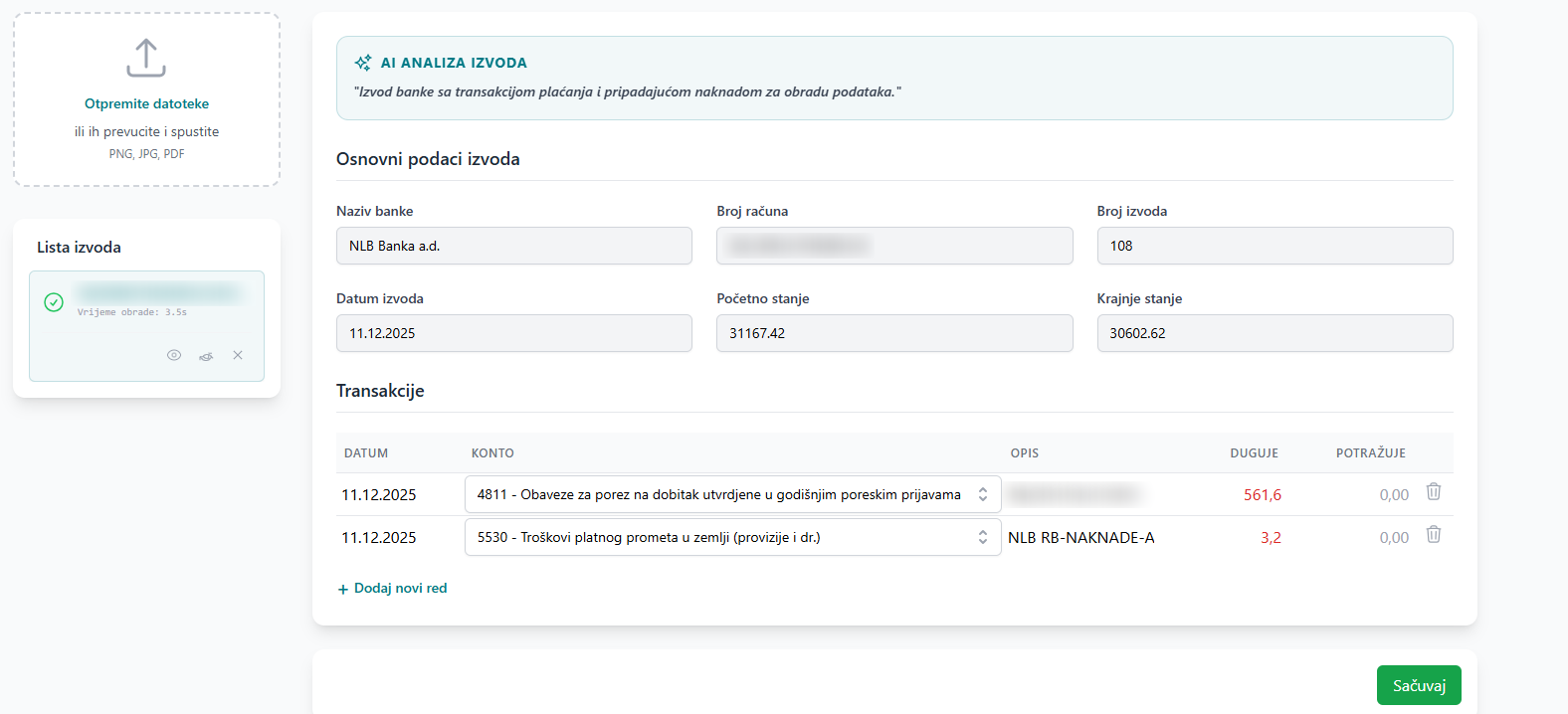 Neksus AI OCR: bank statement analysis with recognised header data and transactions with suggested accounts