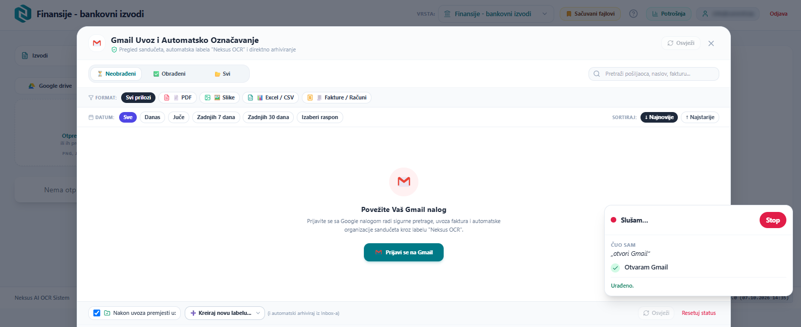 Neksus AI OCR: the voice command “otvori Gmail” (open Gmail) opens the Gmail import with search and filters