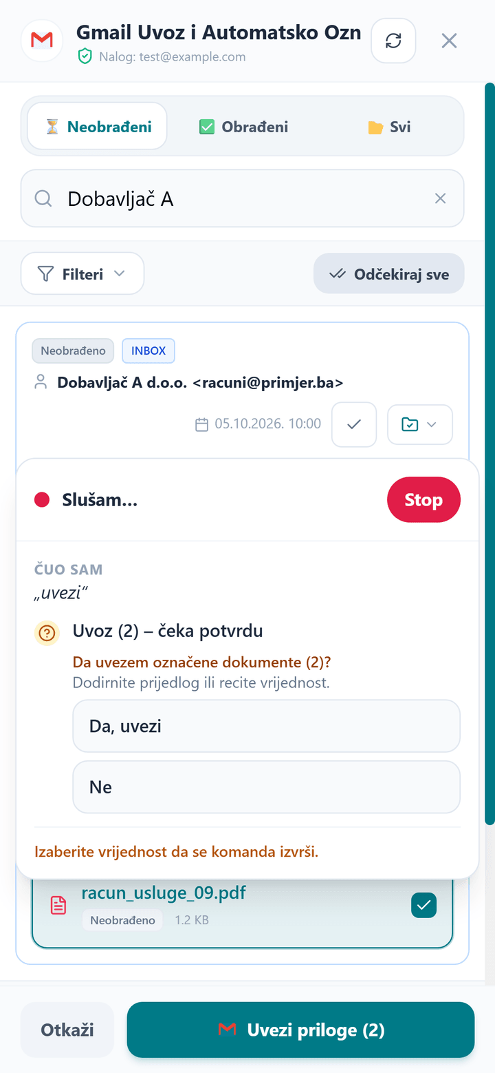 Neksus AI OCR on a phone: the program heard “uvezi” (import) and asks whether to import two selected documents